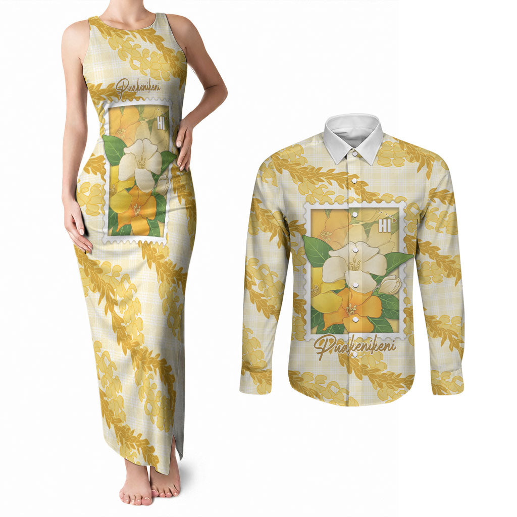 Aloha Hawaii Puakenikeni Couples Matching Tank Maxi Dress and Long Sleeve Button Shirt Hawaiian Lei Palaka Motifs Stylized Stamp LT14 Yellow - Polynesian Pride
