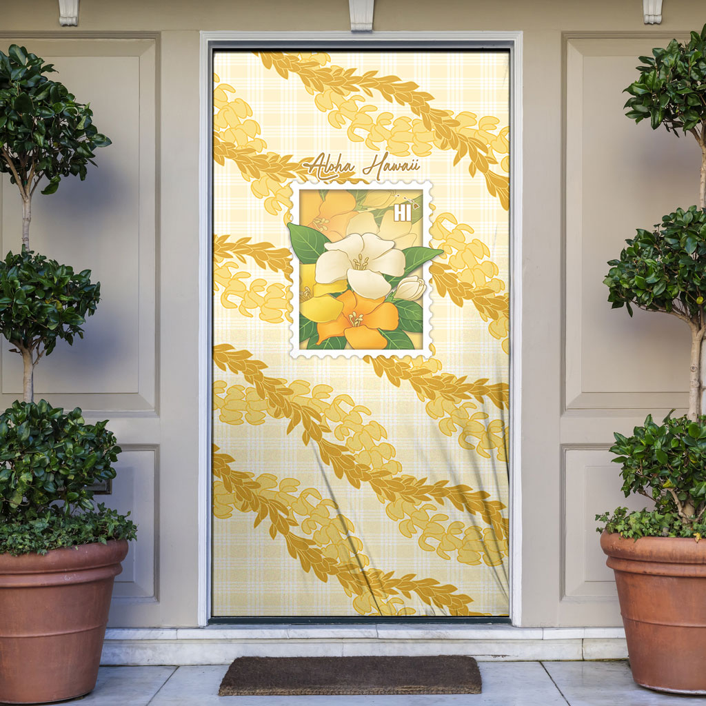 Aloha Hawaii Puakenikeni Door Cover Hawaiian Lei Palaka Motifs Stylized Stamp LT14 Yellow - Polynesian Pride