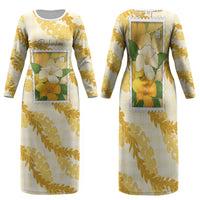 Aloha Hawaii Puakenikeni Family Matching Long Sleeve Bodycon Dress and Hawaiian Shirt Hawaiian Lei Palaka Motifs Stylized Stamp LT14 Mom's Dress Yellow - Polynesian Pride