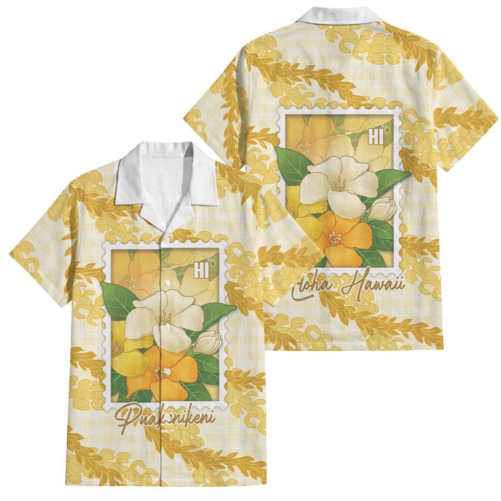 Aloha Hawaii Puakenikeni Family Matching Off Shoulder Maxi Dress and Hawaiian Shirt Hawaiian Lei Palaka Motifs Stylized Stamp LT14 Dad's Shirt - Short Sleeve Yellow - Polynesian Pride