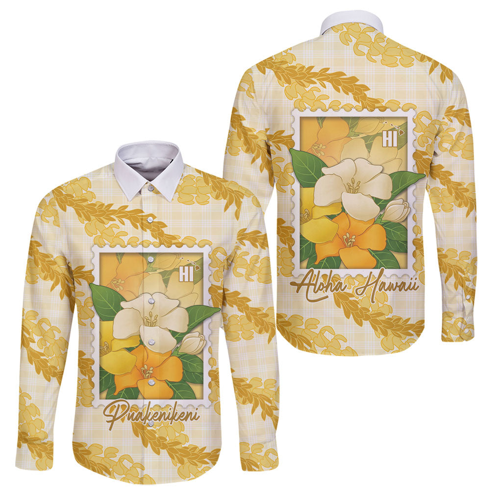 Aloha Hawaii Puakenikeni Family Matching Off Shoulder Maxi Dress and Hawaiian Shirt Hawaiian Lei Palaka Motifs Stylized Stamp LT14 Dad's Shirt - Long Sleeve Yellow - Polynesian Pride
