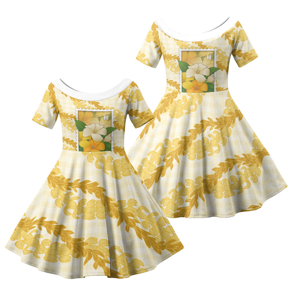 Aloha Hawaii Puakenikeni Family Matching Off Shoulder Maxi Dress and Hawaiian Shirt Hawaiian Lei Palaka Motifs Stylized Stamp LT14 Daughter's Dress Yellow - Polynesian Pride