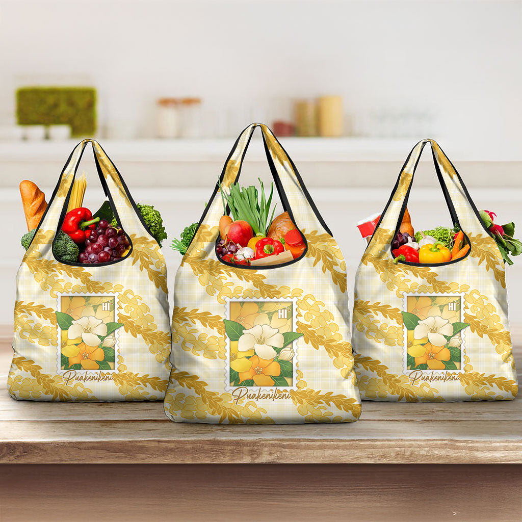 Aloha Hawaii Puakenikeni Grocery Bag Hawaiian Lei Palaka Motifs Stylized Stamp LT14 3-pack One Size Yellow - Polynesian Pride