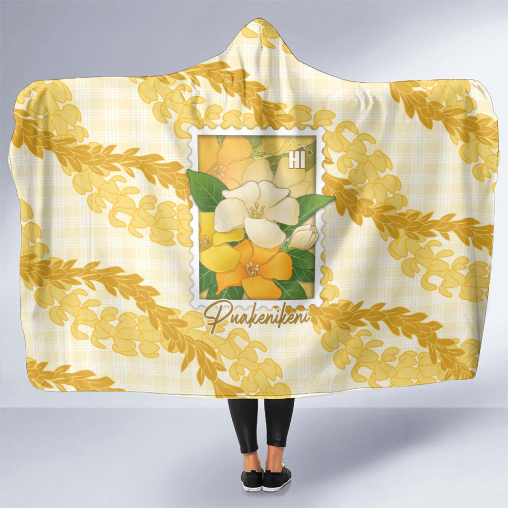 Aloha Hawaii Puakenikeni Hooded Blanket Hawaiian Lei Palaka Motifs Stylized Stamp LT14 One Size Yellow - Polynesian Pride