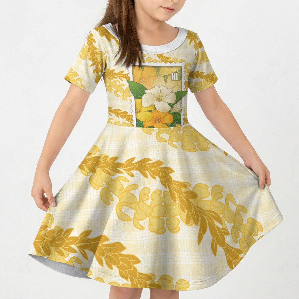 Aloha Hawaii Puakenikeni Kid Short Sleeve Dress Hawaiian Lei Palaka Motifs Stylized Stamp LT14 KID Yellow - Polynesian Pride