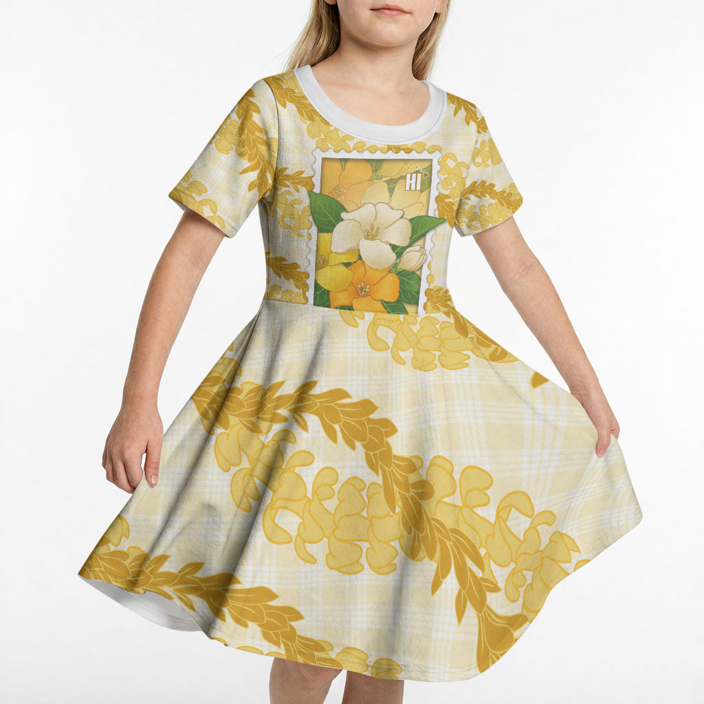Aloha Hawaii Puakenikeni Kid Short Sleeve Dress Hawaiian Lei Palaka Motifs Stylized Stamp LT14 - Polynesian Pride