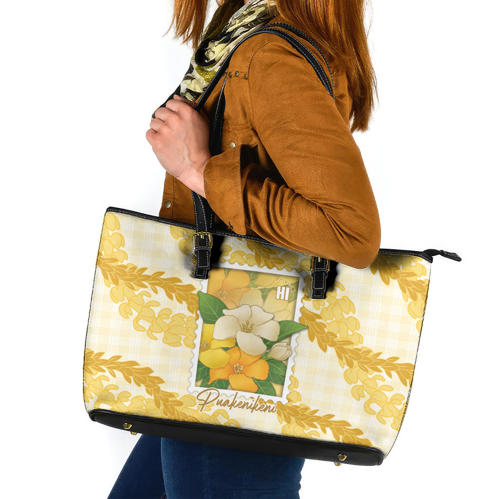 Aloha Hawaii Puakenikeni Leather Tote Bag Hawaiian Lei Palaka Motifs Stylized Stamp LT14 Yellow - Polynesian Pride