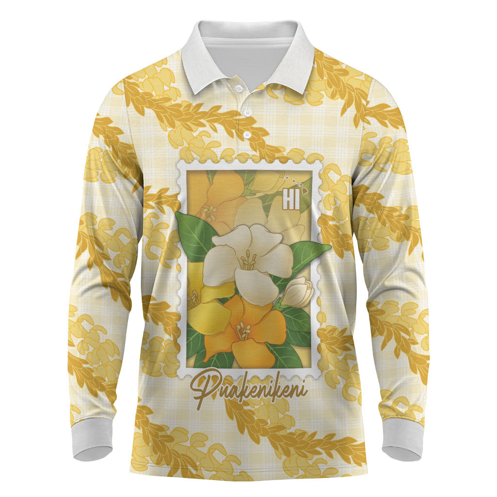 Aloha Hawaii Puakenikeni Long Sleeve Polo Shirt Hawaiian Lei Palaka Motifs Stylized Stamp LT14 Yellow - Polynesian Pride