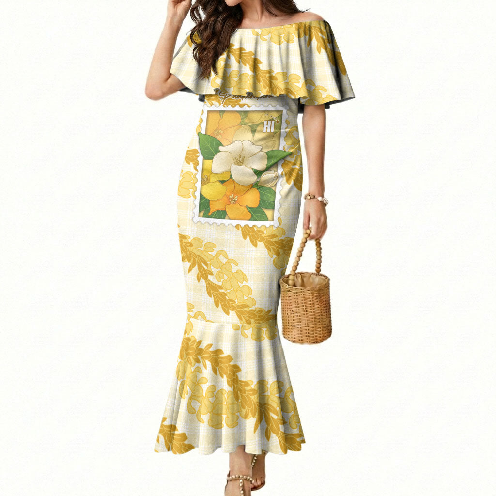 Aloha Hawaii Puakenikeni Mermaid Dress Hawaiian Lei Palaka Motifs Stylized Stamp LT14 Women Yellow - Polynesian Pride