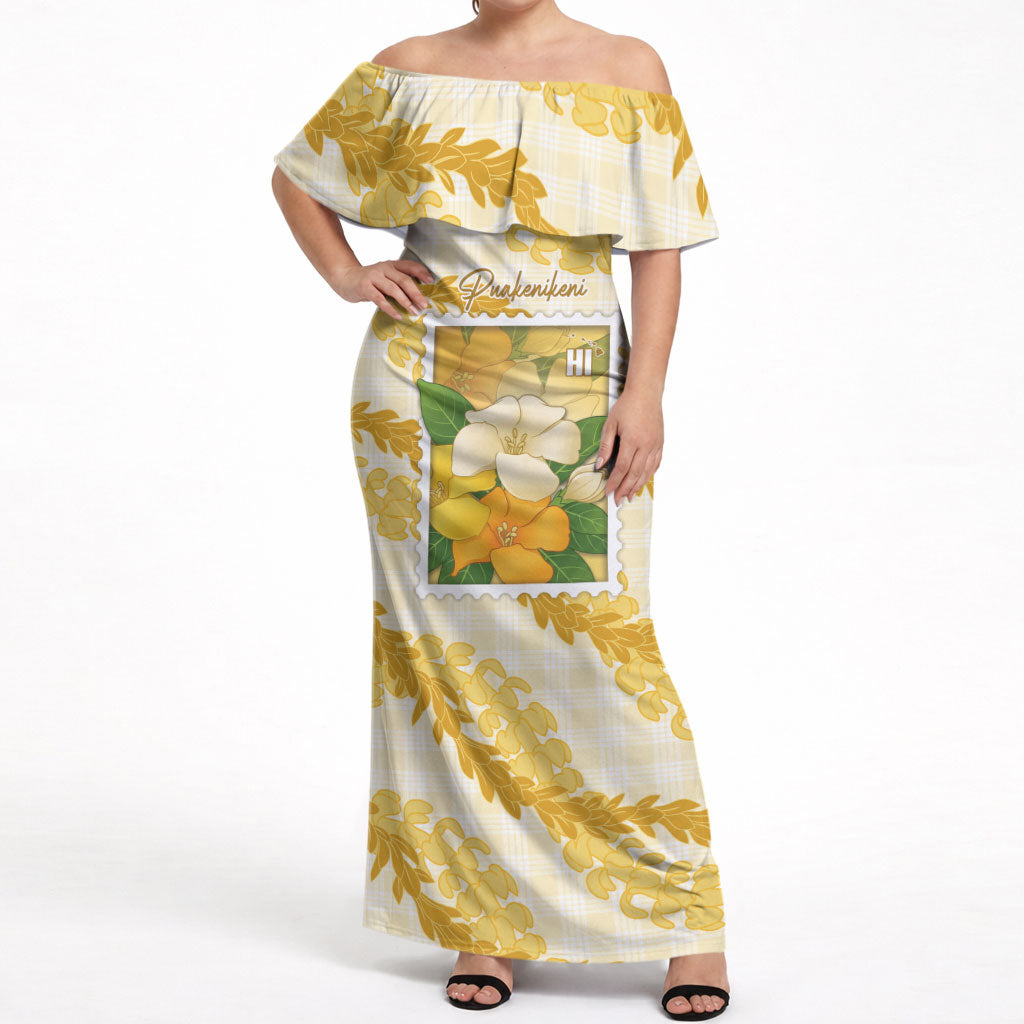 Aloha Hawaii Puakenikeni Off Shoulder Maxi Dress Hawaiian Lei Palaka Motifs Stylized Stamp LT14 Women Yellow - Polynesian Pride