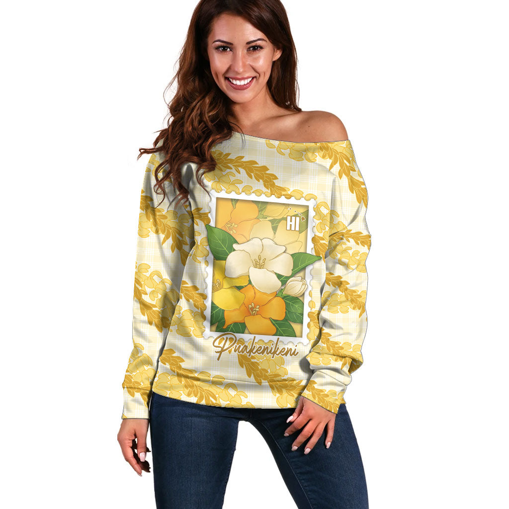 Aloha Hawaii Puakenikeni Off Shoulder Sweater Hawaiian Lei Palaka Motifs Stylized Stamp LT14 Women Yellow - Polynesian Pride