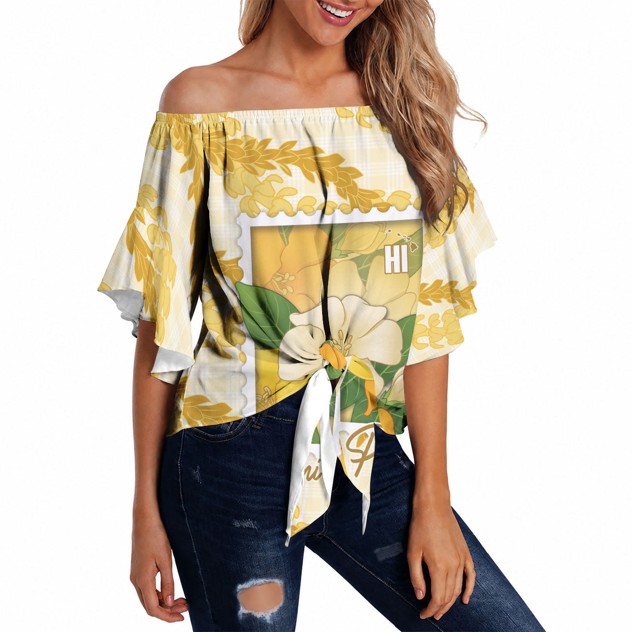 Aloha Hawaii Puakenikeni Off Shoulder Wrap Waist Top Hawaiian Lei Palaka Motifs Stylized Stamp LT14 Yellow - Polynesian Pride