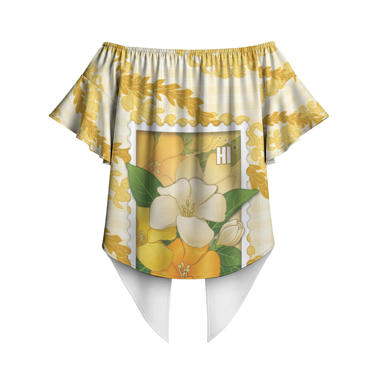 Aloha Hawaii Puakenikeni Off Shoulder Wrap Waist Top Hawaiian Lei Palaka Motifs Stylized Stamp LT14 - Polynesian Pride