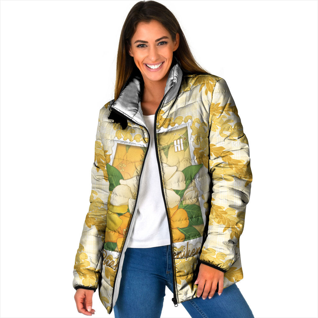 Aloha Hawaii Puakenikeni Padded Jacket Hawaiian Lei Palaka Motifs Stylized Stamp LT14 Women Yellow - Polynesian Pride