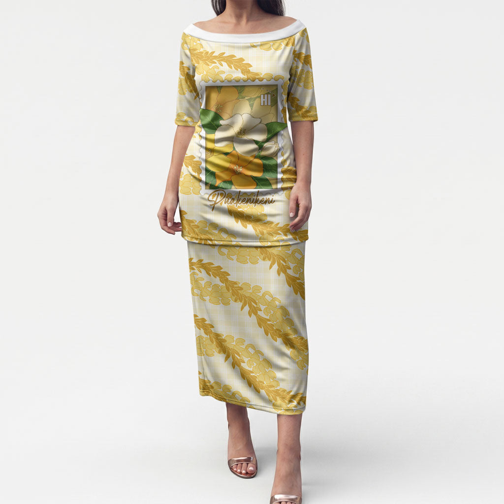 Aloha Hawaii Puakenikeni Puletasi Hawaiian Lei Palaka Motifs Stylized Stamp LT14 Long Dress Yellow - Polynesian Pride