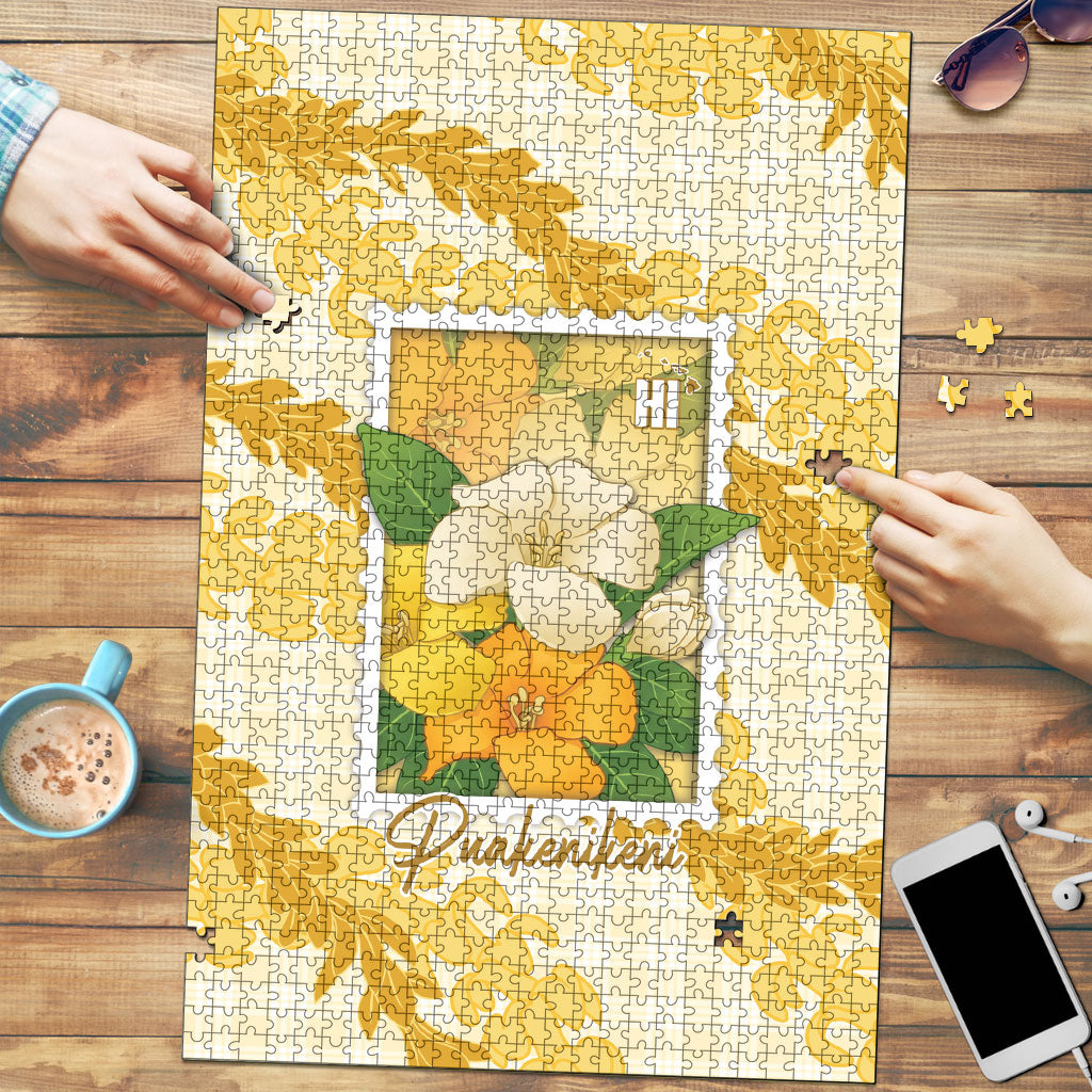 Aloha Hawaii Puakenikeni Puzzle Hawaiian Lei Palaka Motifs Stylized Stamp LT14 Yellow - Polynesian Pride
