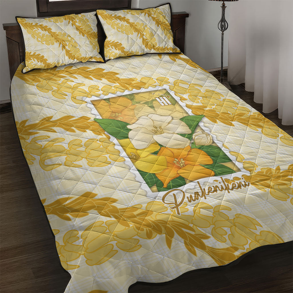 Aloha Hawaii Puakenikeni Quilt Bed Set Hawaiian Lei Palaka Motifs Stylized Stamp LT14 Yellow - Polynesian Pride