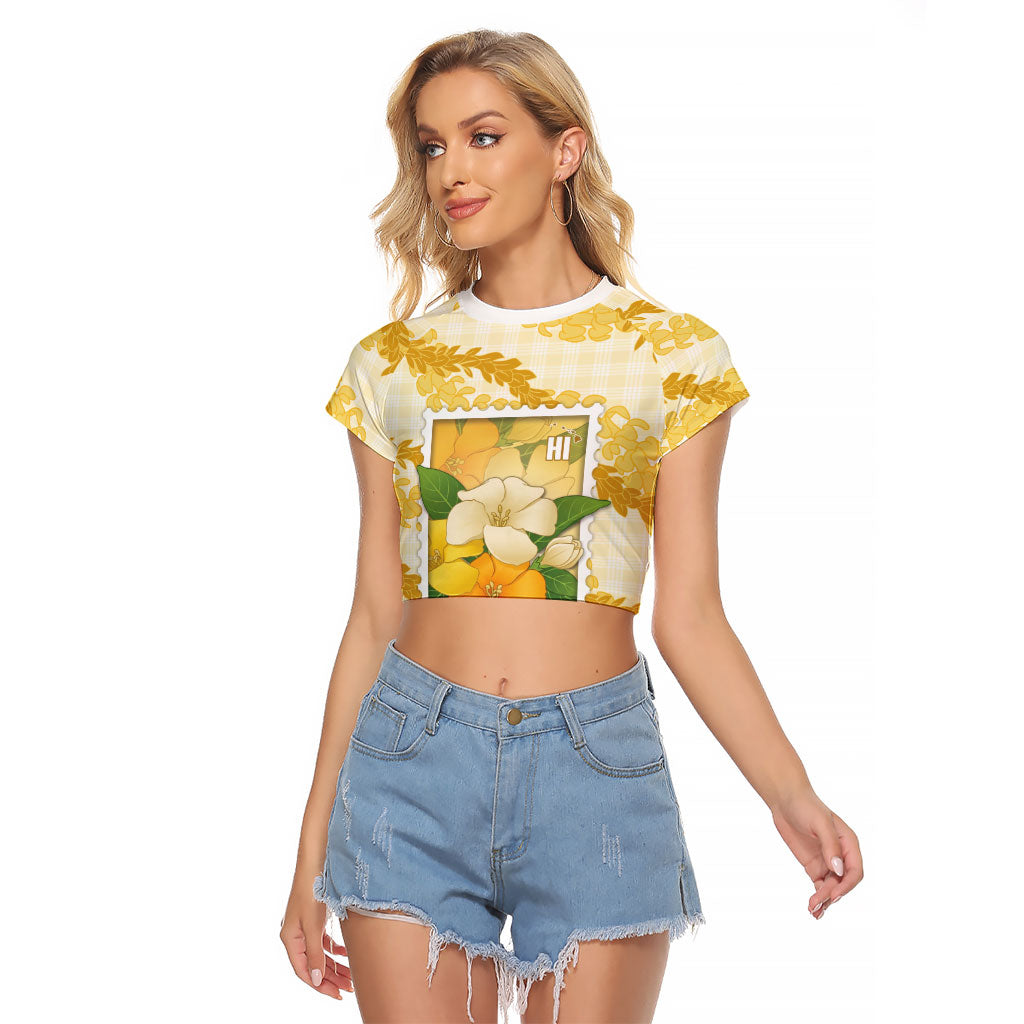 Aloha Hawaii Puakenikeni Raglan Cropped T Shirt Hawaiian Lei Palaka Motifs Stylized Stamp LT14 Female Yellow - Polynesian Pride