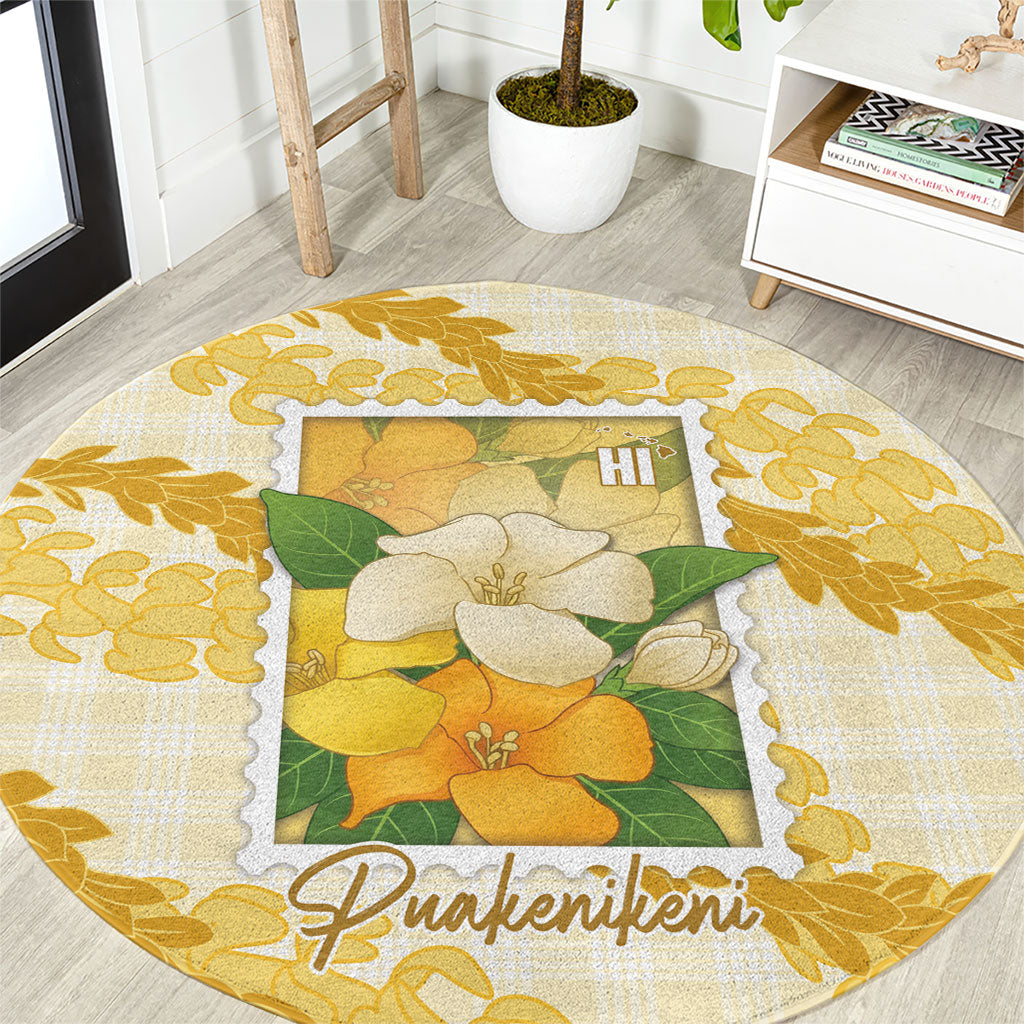 Aloha Hawaii Puakenikeni Round Carpet Hawaiian Lei Palaka Motifs Stylized Stamp LT14 Yellow - Polynesian Pride