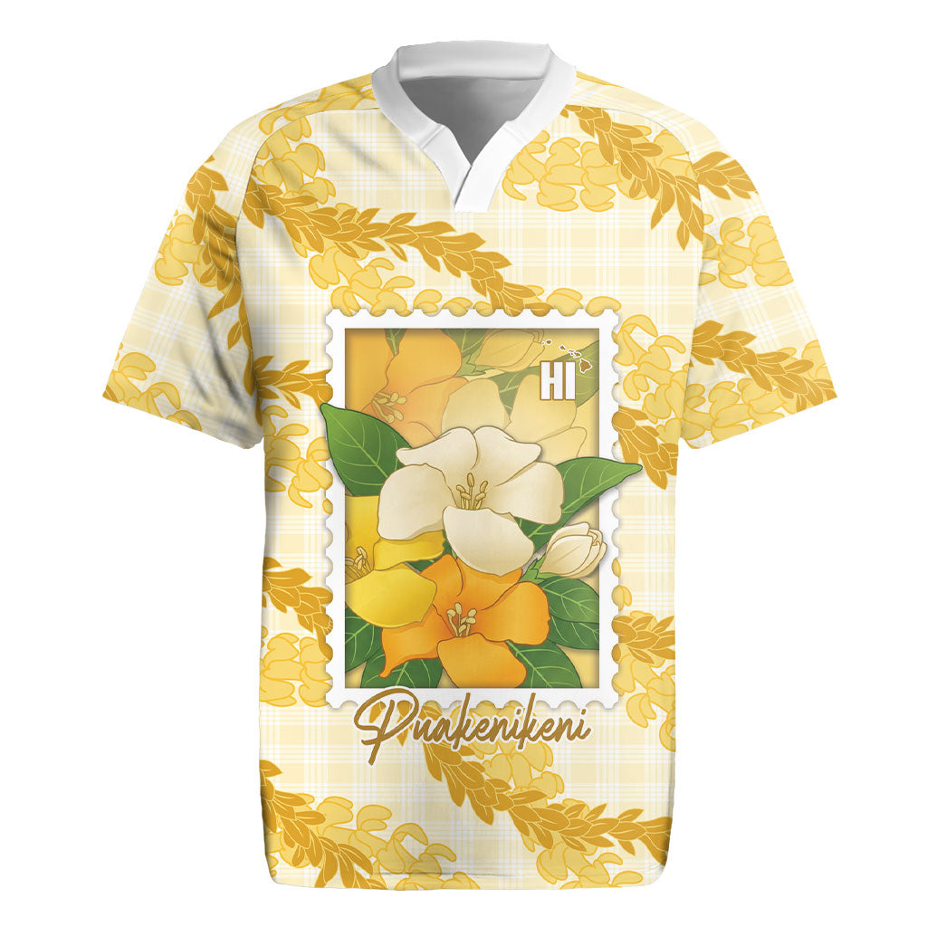 Aloha Hawaii Puakenikeni Rugby Jersey Hawaiian Lei Palaka Motifs Stylized Stamp LT14 Yellow - Polynesian Pride