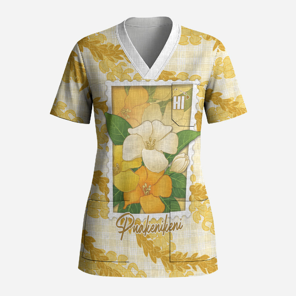 Aloha Hawaii Puakenikeni Scrub Top Hawaiian Lei Palaka Motifs Stylized Stamp LT14 Adult Yellow - Polynesian Pride