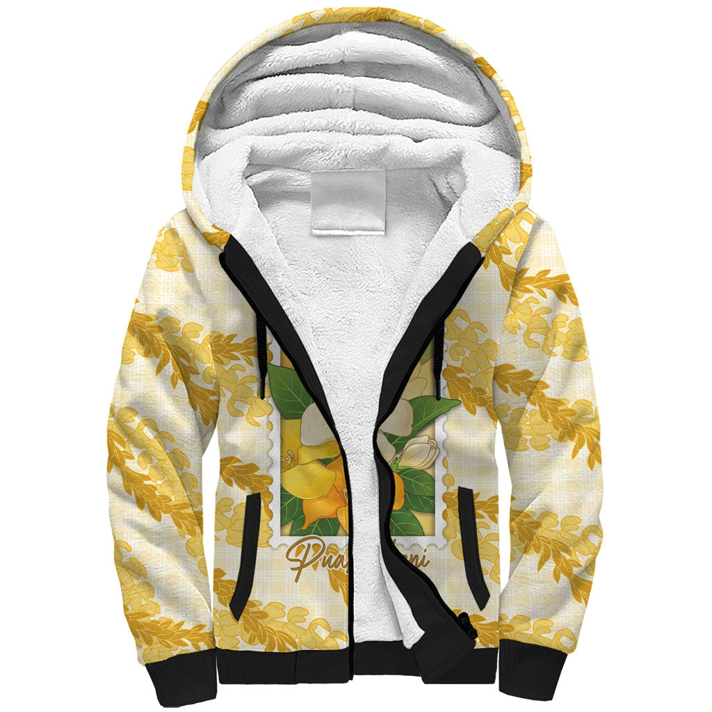 Aloha Hawaii Puakenikeni Sherpa Hoodie Hawaiian Lei Palaka Motifs Stylized Stamp LT14 Unisex Yellow - Polynesian Pride