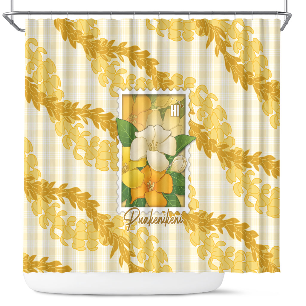 Aloha Hawaii Puakenikeni Shower Curtain Hawaiian Lei Palaka Motifs Stylized Stamp LT14 Yellow - Polynesian Pride
