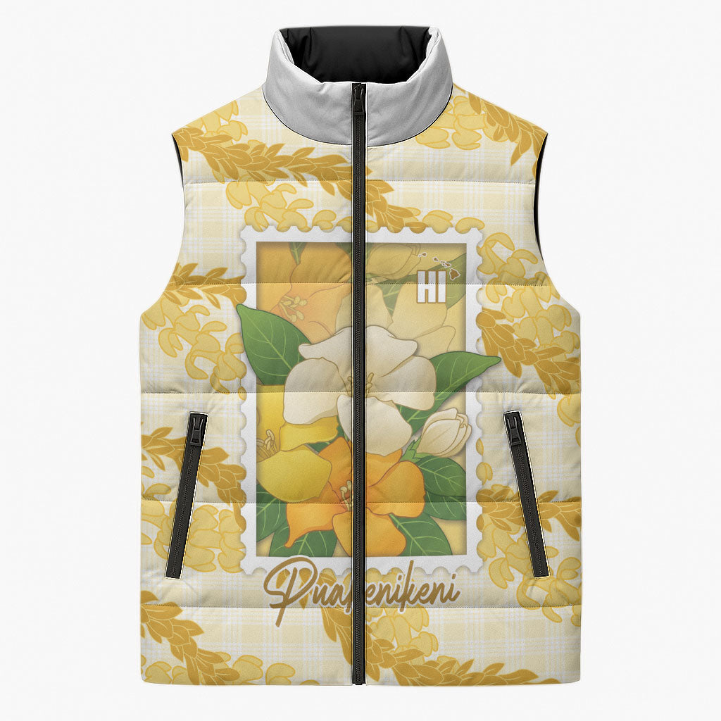 Aloha Hawaii Puakenikeni Sleeveless Puffer Jacket Hawaiian Lei Palaka Motifs Stylized Stamp LT14 Unisex Yellow - Polynesian Pride