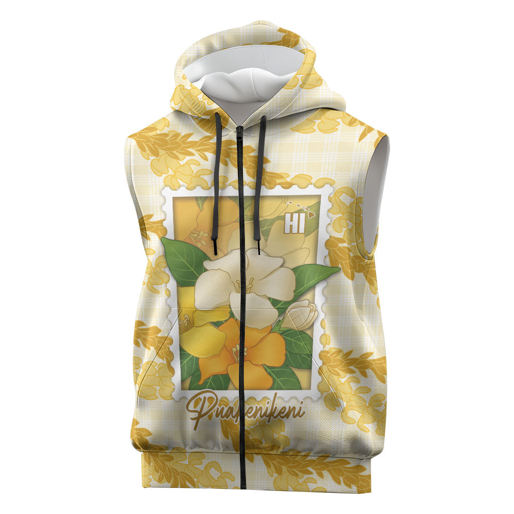 Aloha Hawaii Puakenikeni Sleeveless Zip Hoodie Hawaiian Lei Palaka Motifs Stylized Stamp LT14 Yellow - Polynesian Pride