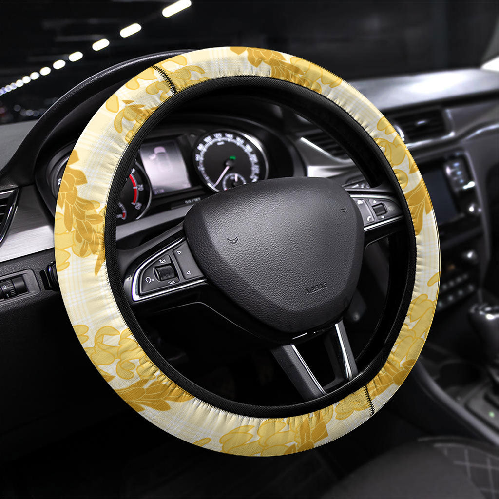 Aloha Hawaii Puakenikeni Steering Wheel Cover Hawaiian Lei Palaka Motifs Stylized Stamp LT14 Universal Fit Yellow - Polynesian Pride