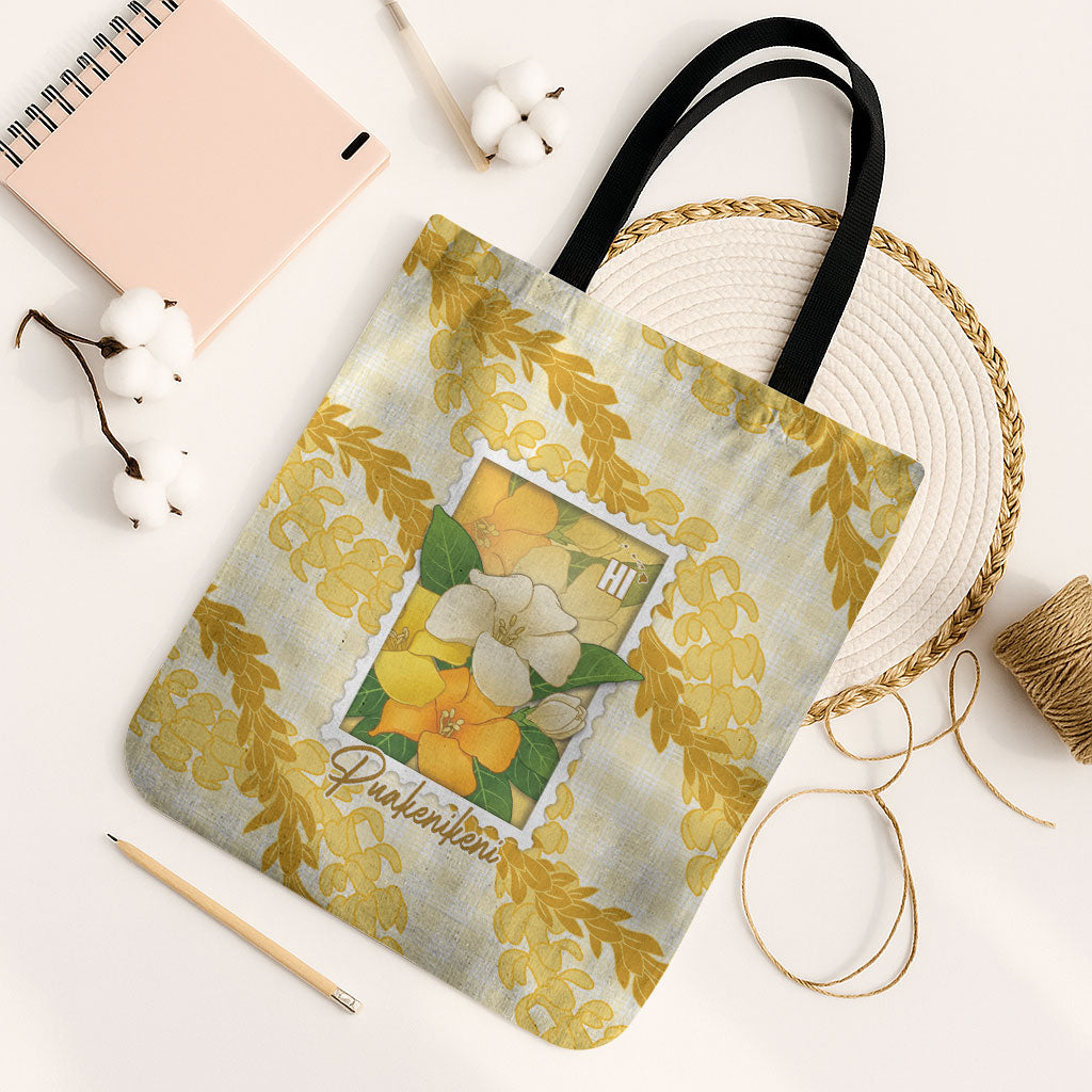 Aloha Hawaii Puakenikeni Tote Bag Hawaiian Lei Palaka Motifs Stylized Stamp LT14 Black Strap One Size Yellow - Polynesian Pride