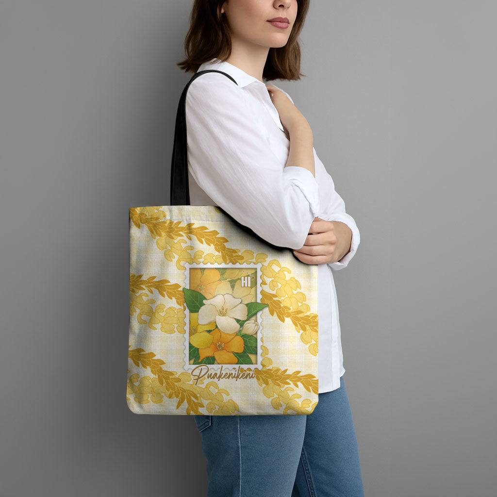 Aloha Hawaii Puakenikeni Tote Bag Hawaiian Lei Palaka Motifs Stylized Stamp LT14 - Polynesian Pride