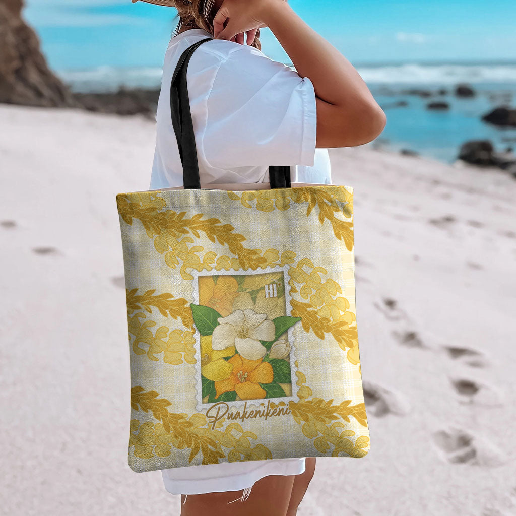 Aloha Hawaii Puakenikeni Tote Bag Hawaiian Lei Palaka Motifs Stylized Stamp LT14 - Polynesian Pride
