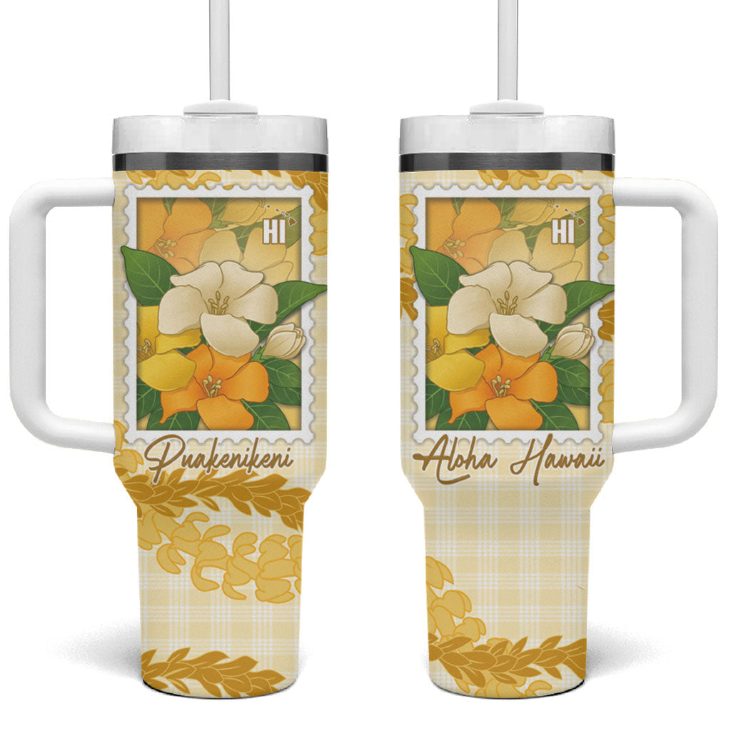 Aloha Hawaii Puakenikeni Tumbler With Handle Hawaiian Lei Palaka Motifs Stylized Stamp LT14 One Size: 40 oz Yellow - Polynesian Pride