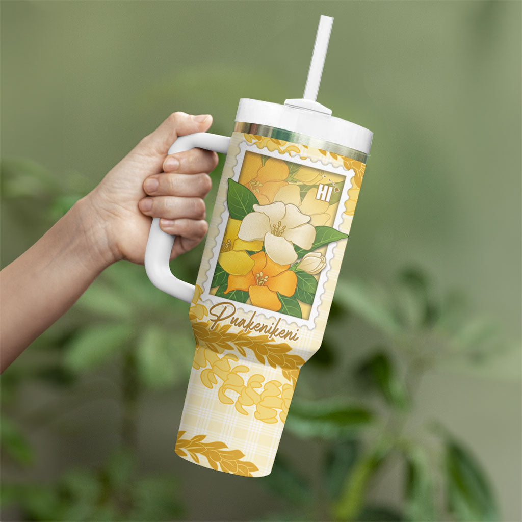 Aloha Hawaii Puakenikeni Tumbler With Handle Hawaiian Lei Palaka Motifs Stylized Stamp LT14 - Polynesian Pride
