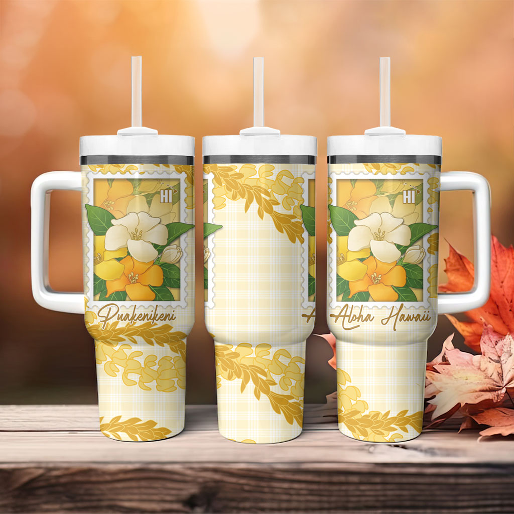 Aloha Hawaii Puakenikeni Tumbler With Handle Hawaiian Lei Palaka Motifs Stylized Stamp LT14 - Polynesian Pride