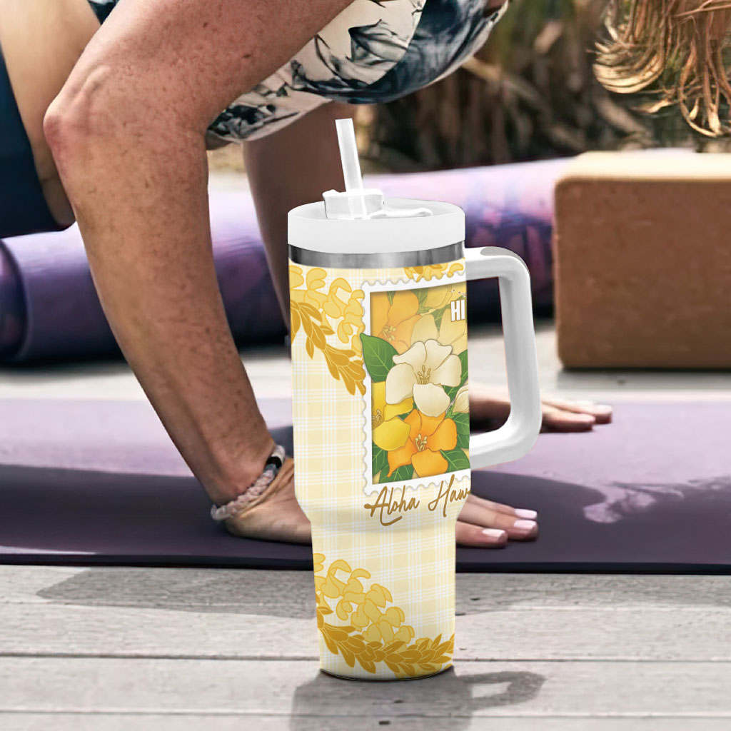 Aloha Hawaii Puakenikeni Tumbler With Handle Hawaiian Lei Palaka Motifs Stylized Stamp LT14 - Polynesian Pride