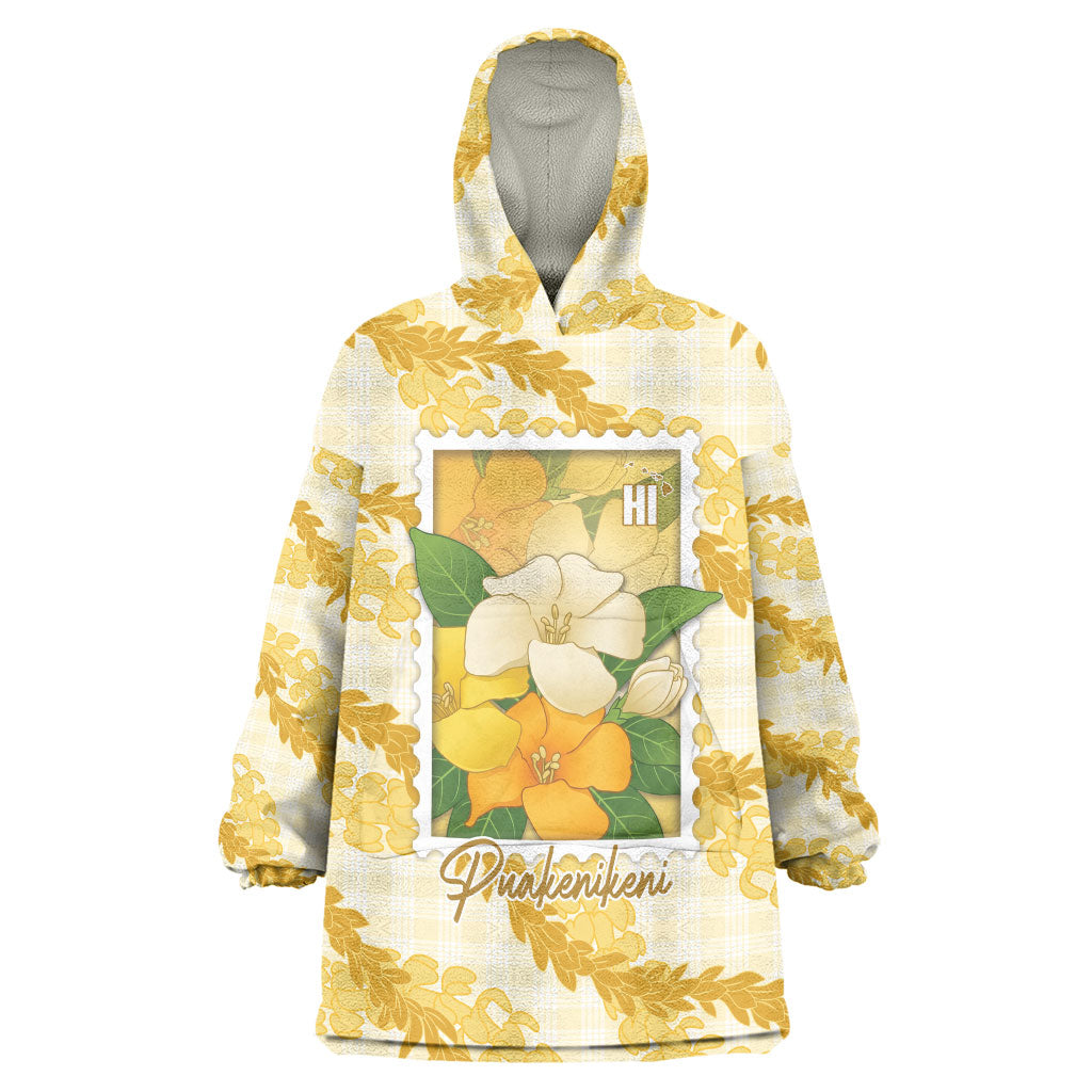 Aloha Hawaii Puakenikeni Wearable Blanket Hoodie Hawaiian Lei Palaka Motifs Stylized Stamp LT14 One Size Yellow - Polynesian Pride