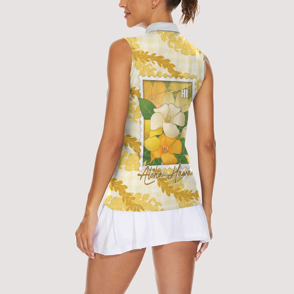 Aloha Hawaii Puakenikeni Women Sleeveless Polo Shirt Hawaiian Lei Palaka Motifs Stylized Stamp LT14 - Polynesian Pride