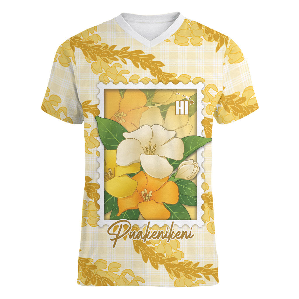 Aloha Hawaii Puakenikeni Women V-Neck T-Shirt Hawaiian Lei Palaka Motifs Stylized Stamp LT14 Female Yellow - Polynesian Pride