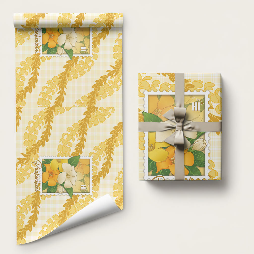 Aloha Hawaii Puakenikeni Wrapping Paper Hawaiian Lei Palaka Motifs Stylized Stamp LT14 58" × 23" Yellow - Polynesian Pride