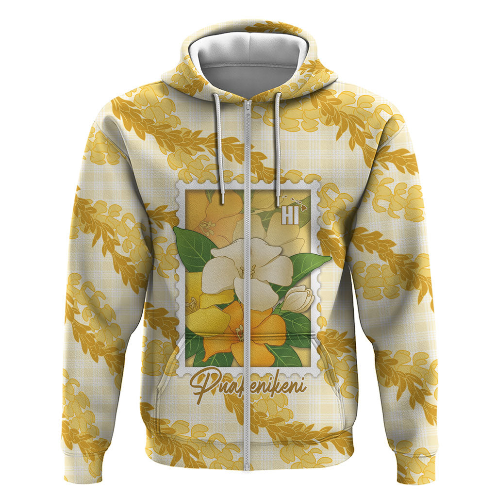Aloha Hawaii Puakenikeni Zip Hoodie Hawaiian Lei Palaka Motifs Stylized Stamp LT14 Zip Hoodie Yellow - Polynesian Pride