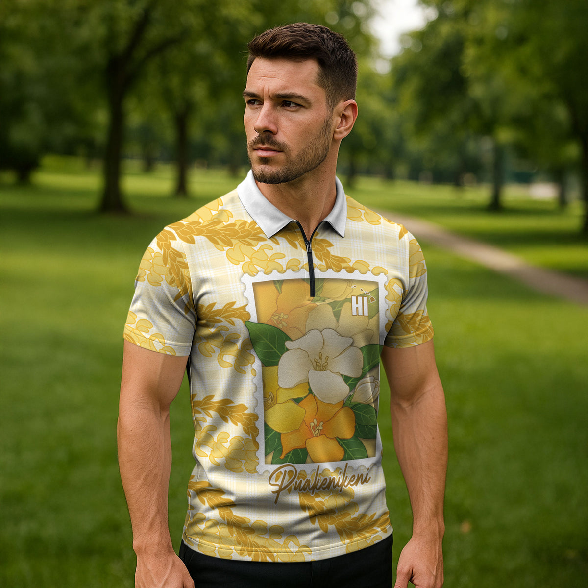 Aloha Hawaii Puakenikeni Zipper Polo Shirt Hawaiian Lei Palaka Motifs Stylized Stamp LT14 - Polynesian Pride