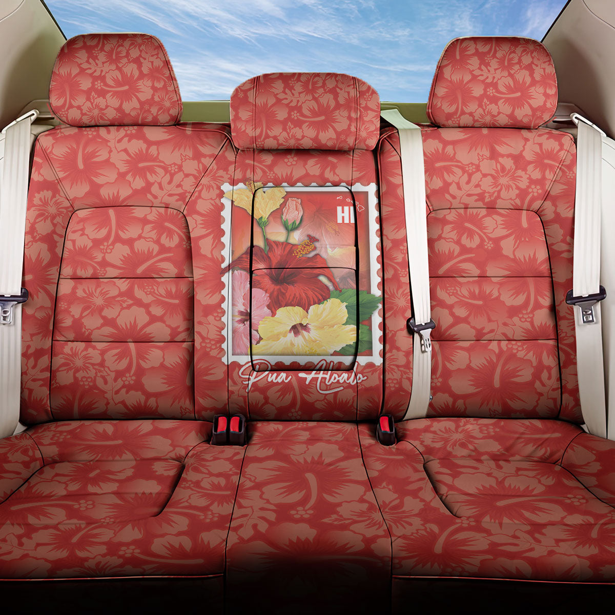 Aloha Hawaii Pua Aloalo Back Car Seat Cover Hawaiian Hibiscus Flowers Stylized Stamp LT14 One Size Red - Polynesian Pride