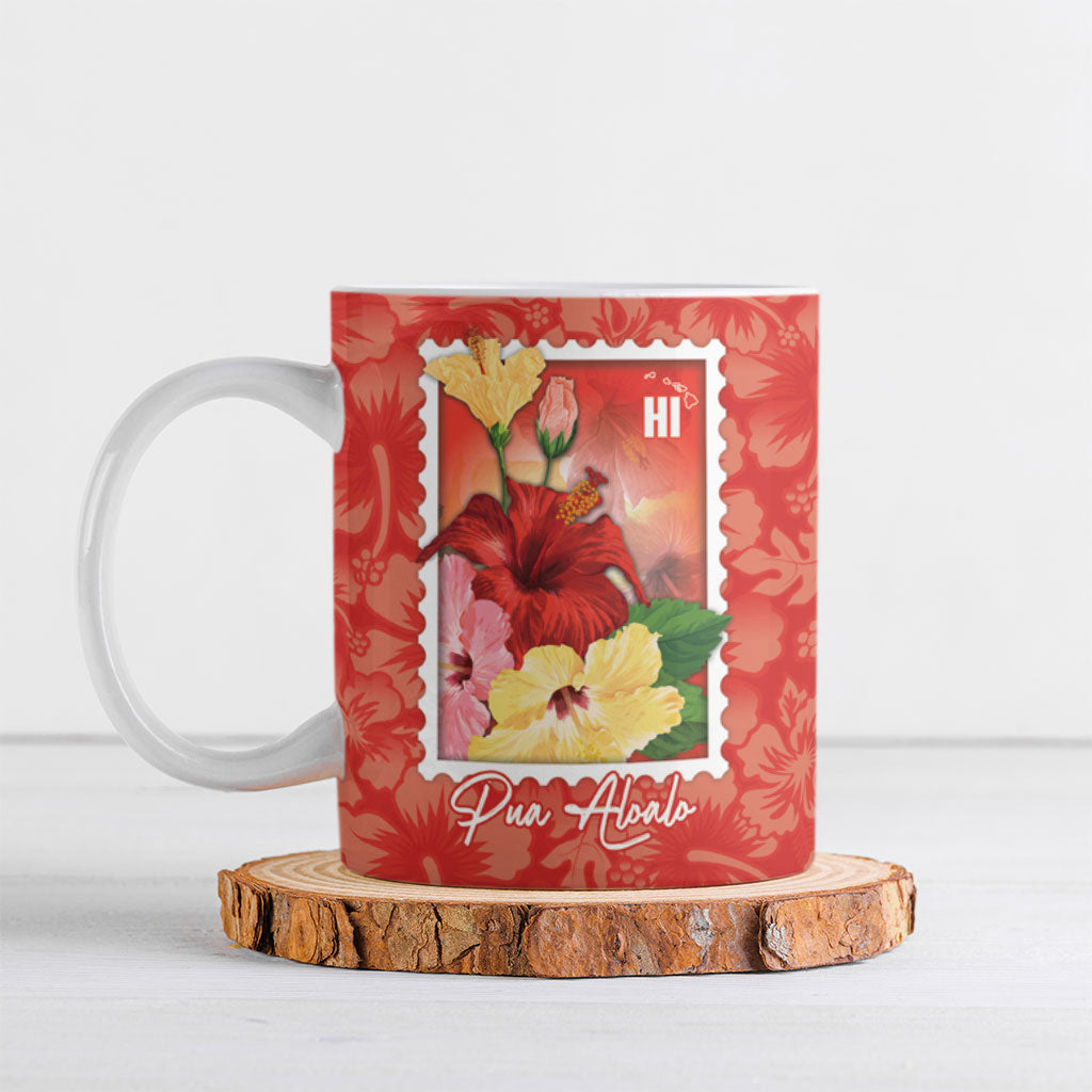 Aloha Hawaii Pua Aloalo Ceramic Mug Hawaiian Hibiscus Flowers Stylized Stamp LT14 Red - Polynesian Pride