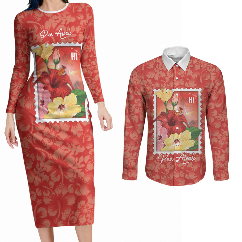 Aloha Hawaii Pua Aloalo Couples Matching Long Sleeve Bodycon Dress and Long Sleeve Button Shirt Hawaiian Hibiscus Flowers Stylized Stamp