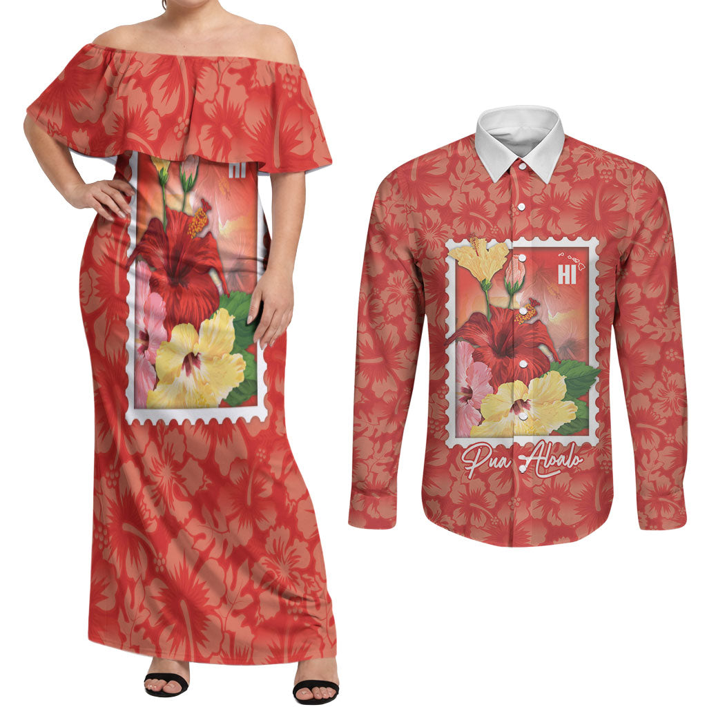 Aloha Hawaii Pua Aloalo Couples Matching Off Shoulder Maxi Dress and Long Sleeve Button Shirt Hawaiian Hibiscus Flowers Stylized Stamp LT14 Red - Polynesian Pride