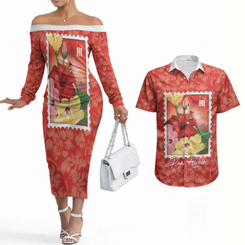 Aloha Hawaii Pua Aloalo Couples Matching Off The Shoulder Long Sleeve Dress and Hawaiian Shirt Hawaiian Hibiscus Flowers Stylized Stamp LT14 Red - Polynesian Pride