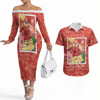 Aloha Hawaii Pua Aloalo Couples Matching Off The Shoulder Long Sleeve Dress and Hawaiian Shirt Hawaiian Hibiscus Flowers Stylized Stamp LT14 Red - Polynesian Pride