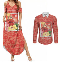 Aloha Hawaii Pua Aloalo Couples Matching Summer Maxi Dress and Long Sleeve Button Shirt Hawaiian Hibiscus Flowers Stylized Stamp LT14 Red - Polynesian Pride